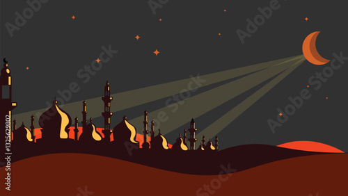 Mosque silhouette illustration with crescent moon above buildings, stars and light rays on a gray night sky with dunes