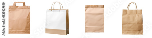 Variety of reusable and recyclable paper shopping bags in different sizes colors and styles for carrying and transporting retail goods merchandise photo