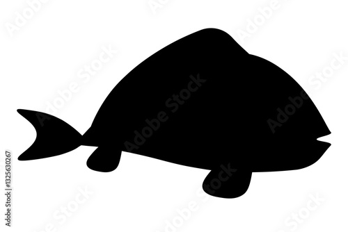 Silhouette of  fish. Logo, sign. Black image of an animal. An underwater inhabitant of wildlife. One icon isolated on  white background. Flat. Life at sea, in  ocean.