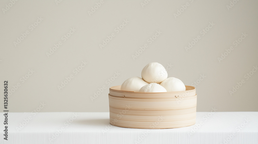 Fototapeta premium Steamed Buns in a Bamboo Steamer: Delicious fluffy steamed buns arranged in a traditional bamboo steamer, set against a neutral backdrop, evoking a sense of comfort and cultural richness.