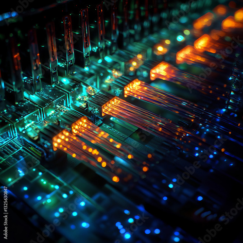 Glowing Fiber Optic Cables in a Dark Data Center with Orange and Teal Lights