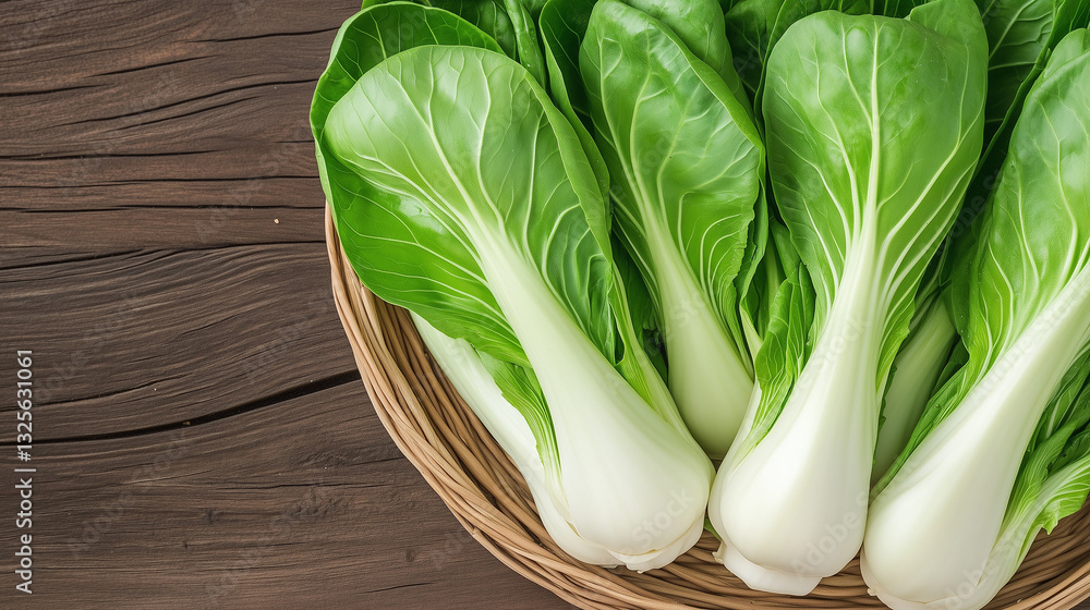 Fresh Bok Choy on a Wooden Surface: A close-up captures the vibrant freshness of bok choy, arranged artfully in a basket on a rustic wooden surface.