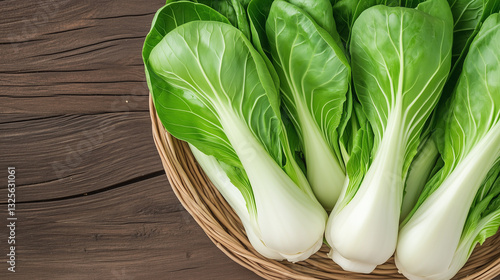 Fresh Bok Choy on a Wooden Surface: A close-up captures the vibrant freshness of bok choy, arranged artfully in a basket on a rustic wooden surface.
