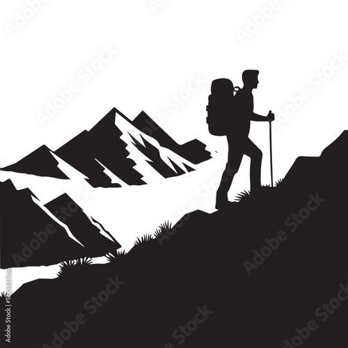 Hiking Silhouette in Mountain Landscape Adventure Travel Illustration