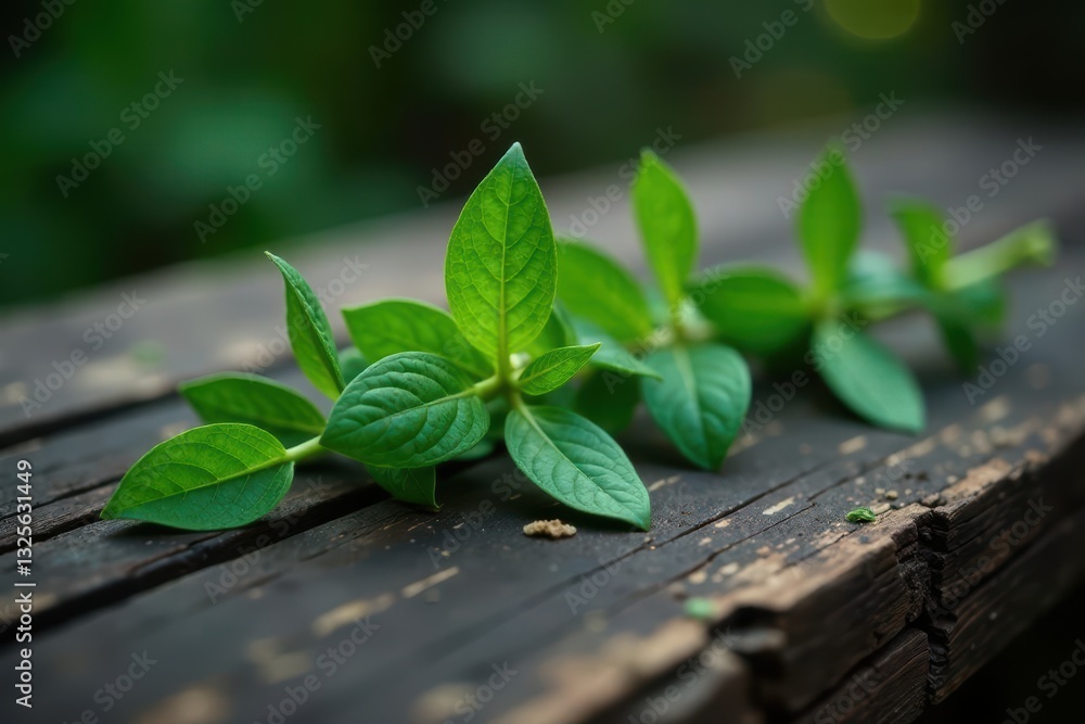 Naklejka premium Vibrant green sprig of leaves resting on aged wooden surface, showcasing the beauty of nature's simplicity
