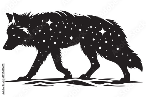 Celestial Wolf Silhouette Vector Illustration Featuring Starry Night Sky