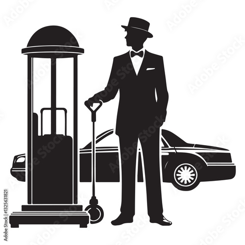 Elegant Hotel Bellhop Silhouette with Luggage Car Service Vector