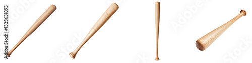 Closeup view of a wooden baseball bat lying on a white background  The bat is ready for a sports game competition or recreational activity  It represents the concept of leisure athletics