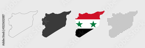 Syria map in various style outline, grey, flag color, and dotted