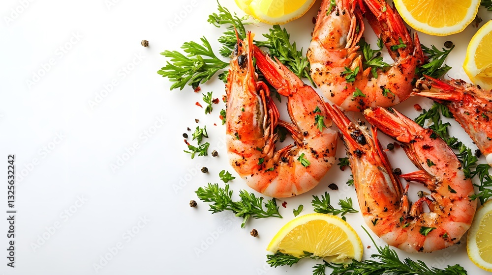 A plate of juicy shrimp garnished with fresh lemons on a clean white background ready for a delicious seafood meal A plate of juicy shrimp garnished with fresh lemons on a clean white background ready for a delicious seafood meal