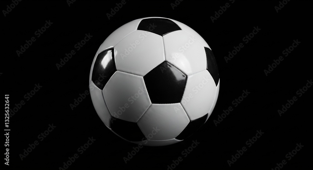 Fototapeta premium 黒背景に輝くサッカーボール 鮮明な光沢 完璧な球体. AI Generated