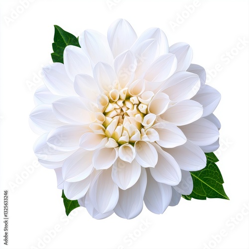 Wallpaper Mural Elegant White Dahlia Flower with Detailed Petals and Green Leaves Isolated on White Torontodigital.ca