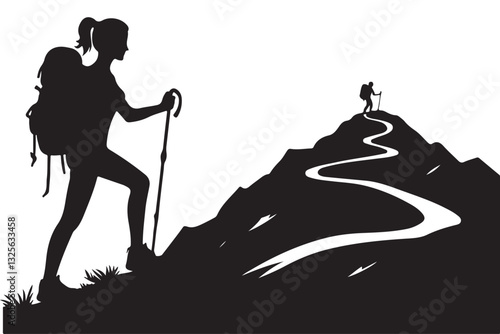 Hiking Adventure Mountain Trail Silhouette Vector Outdoor Exploration Illustration