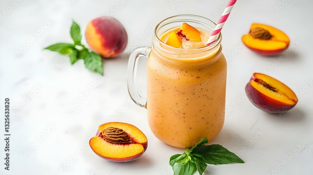Peach smoothie in a mason jar glass