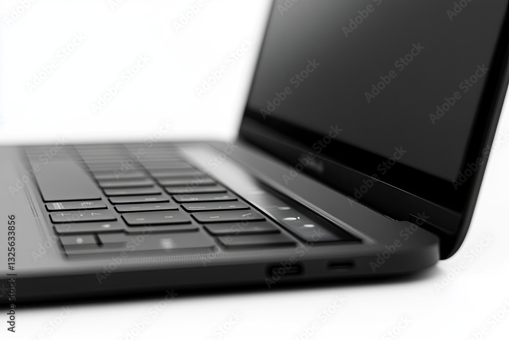 Modern laptop computer, angled view. Close-up shot of a gray laptop, showcasing the keyboard, display, and edge details. Sleek design Modern laptop computer, angled view. Close-up shot of a gray laptop, showcasing the keyboard, display, and edge details. Sleek design