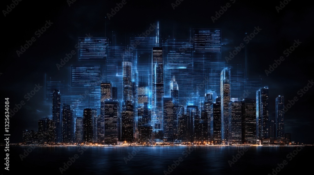 Captivating cityscape of a modern futuristic metropolis with soaring skyscrapers reflected in the calm waters at night showcasing the city s vibrant lights architecture and technological prowess Captivating cityscape of a modern futuristic metropolis with soaring skyscrapers reflected in the calm waters at night showcasing the city s vibrant lights architecture and technological prowess