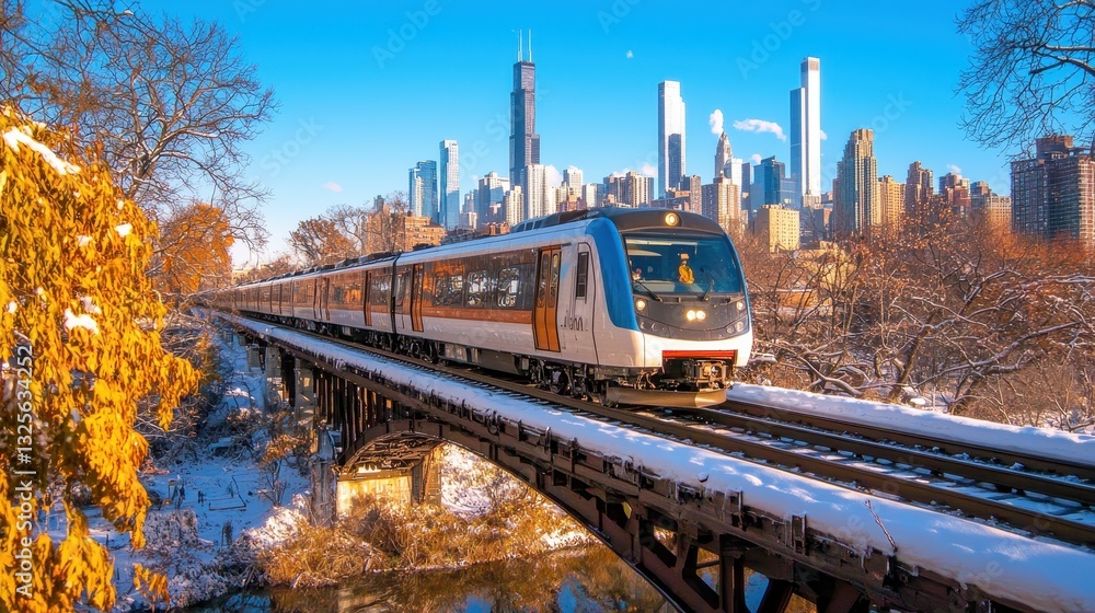 Fototapeta premium Train Crossing Bridge with City Skyline in Background During Winter