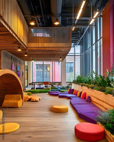 Modern Creative Workspace with Bright Colors and Comfortable Seating