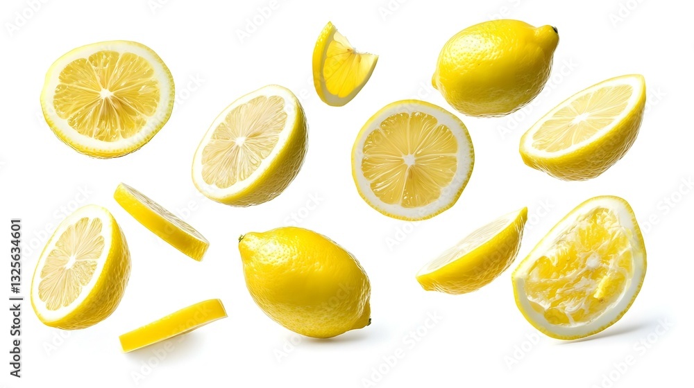 Set of flying cut fresh juicy lemon on white