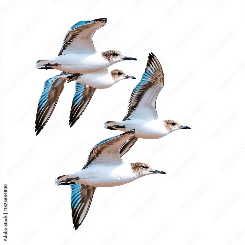Obraz premium Four White Birds with Blue Wingtips in Flight Against a White Background