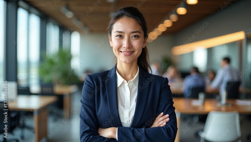 A confident businesswoman stands with arms crossed, smiling in a modern office with colleagues working in the background A confident businesswoman stands with arms crossed, smiling in a modern office with colleagues working in the background
