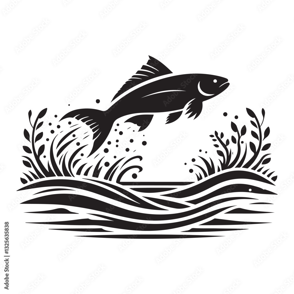 Fototapeta premium Jumping Fish Silhouette Vector Illustration in Aquatic Landscape