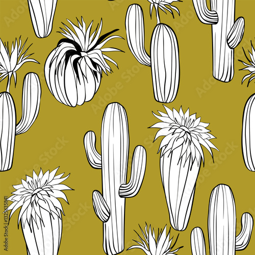 Seamless pattern with cacti, blooming succulent on color background. Vector hand drawn illustration for packaging, fabric, textile. Wild west cactus, western concept.