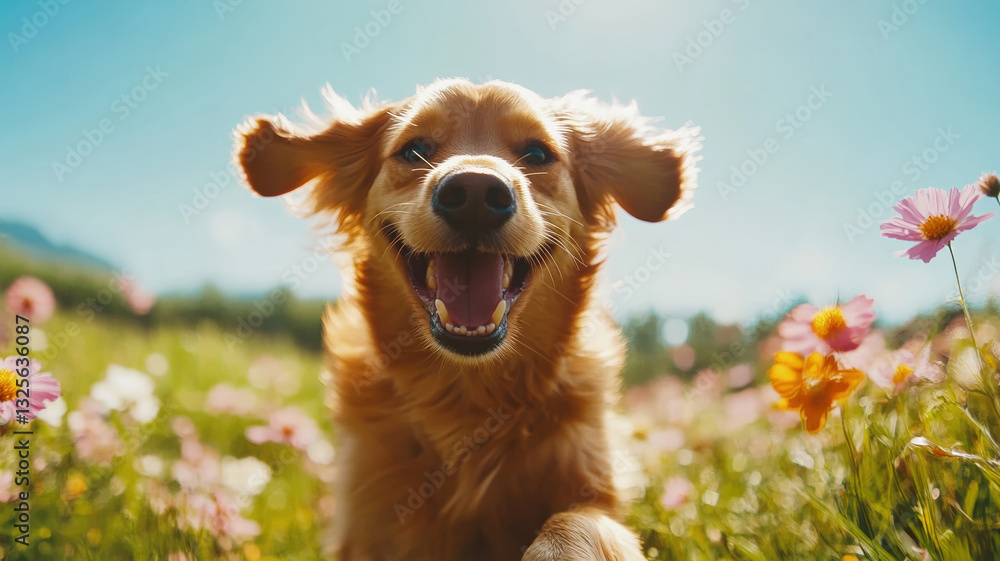 Obraz premium Happy golden retriever running through a blooming meadow on a sunny day, joyful and energetic.