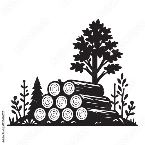 Wood logs stacked silhouette vector illustration forest lumber design