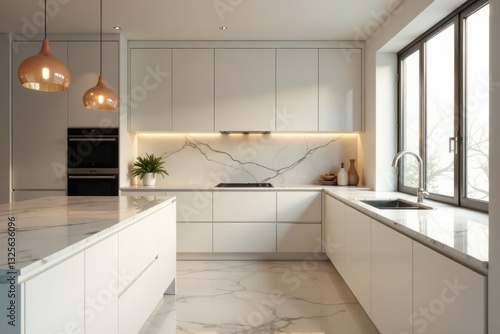Wallpaper Mural Modern White Kitchen with Marble Countertops and Sleek Cabinetry, Illuminated by Warm Pendant Lights Torontodigital.ca