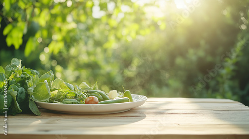 Fresh Garden Plate on Wood: a plate of fresh vegetables sitting on a wood table with greenery background. capturing the freshness