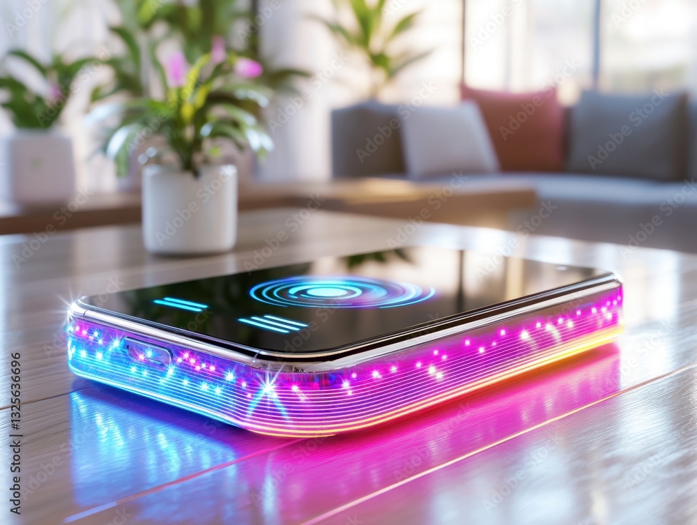 A modern, illuminated device with colorful LED lights, resting on a wooden surface amidst indoor plants and a bright, airy environment. A modern, illuminated device with colorful LED lights, resting on a wooden surface amidst indoor plants and a bright, airy environment.