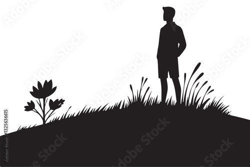 Silhouette illustration of man on hill admiring nature vector