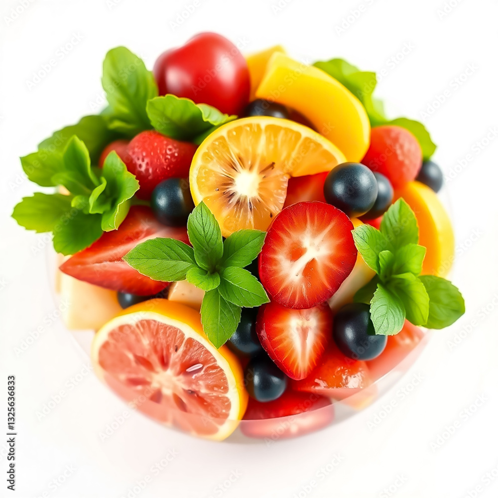Naklejka premium Premium fresh fruit salad on white background with studio lights