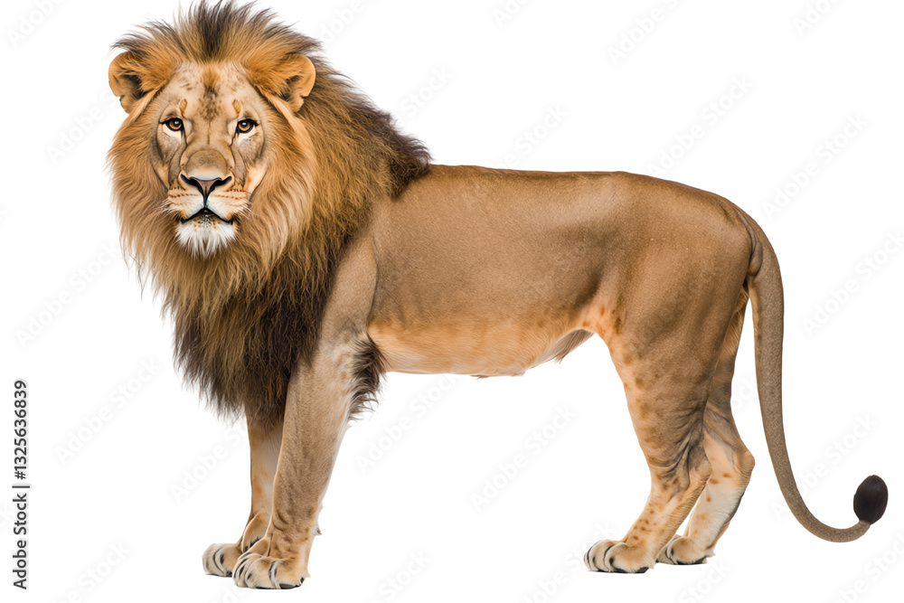 Obraz premium Majestic lion standing proudly, displayed against a white isolated background.