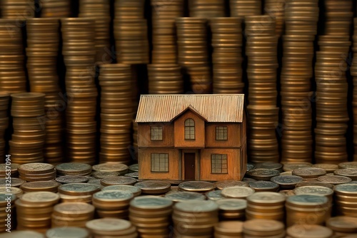 A metaphor for mortgage security, featuring a home nestled between stacks of neatly arranged coins.
