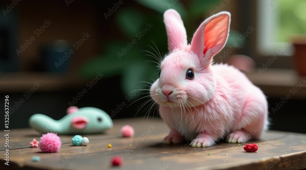 Fototapeta premium Adorable Pink Bunny Rabbit Sitting on Wooden Table with Small Colorful Toys