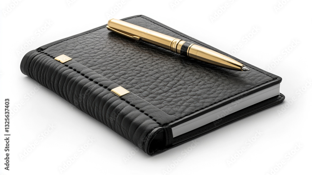 Elegant black leather journal with golden pen on white isolated background, stylish stationery for writing. Elegant black leather journal with golden pen on white isolated background, stylish stationery for writing.