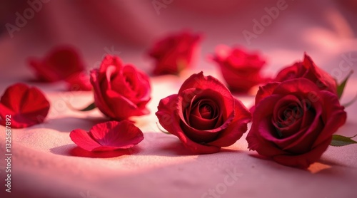 A Soft Pink Surface Adorned with Delicate Red Rose Petals and Several Lush, Full-Bloomed Roses, Bathed in Warm, Gentle Light