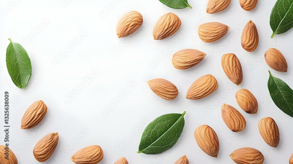 Almonds and Green Leaves Isolated on White Background Almonds and Green Leaves Isolated on White Background