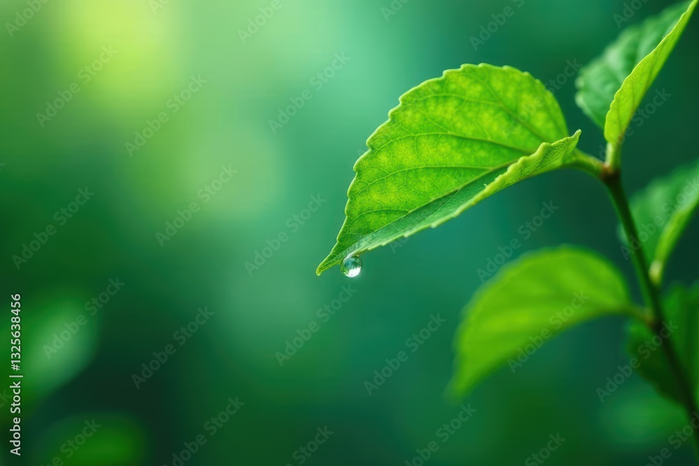 A single dewdrop clings to a vibrant green leaf, reflecting the soft sunlight filtering through the lush foliage A single dewdrop clings to a vibrant green leaf, reflecting the soft sunlight filtering through the lush foliage