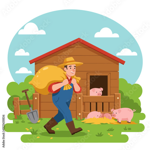Farmer Carrying Feed Sack at Pig Farm with Cute Pigs