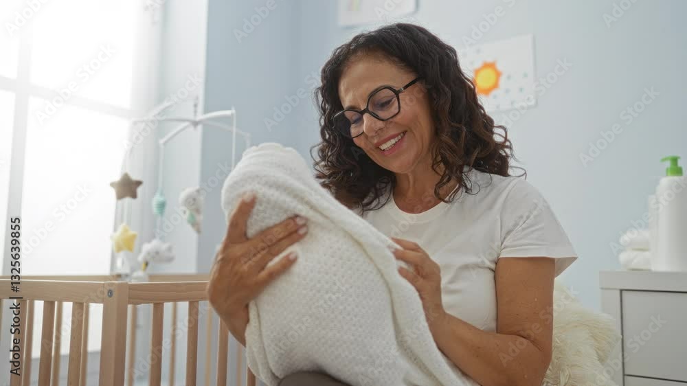 Woman holding baby in cozy bedroom with cradle and smiling at wrapped child showing warmth and affection in bright interior. Woman holding baby in cozy bedroom with cradle and smiling at wrapped child showing warmth and affection in bright interior.
