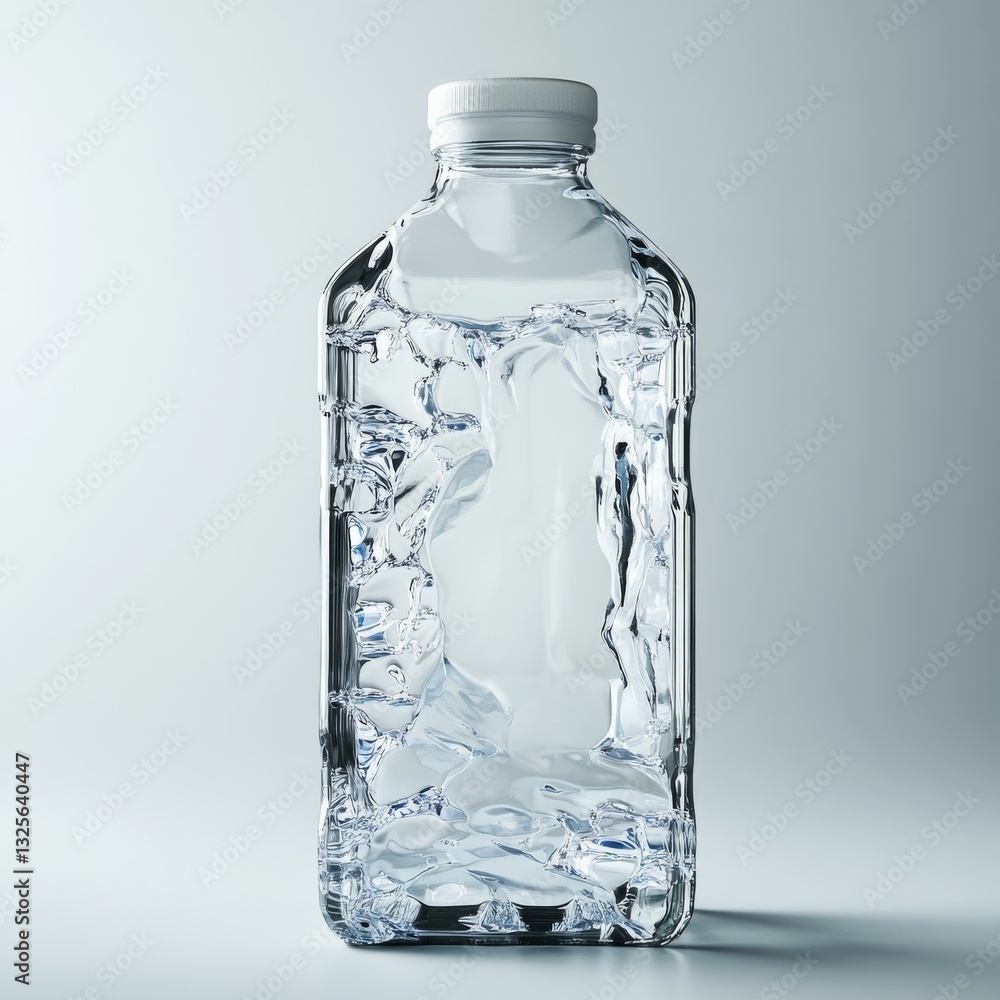 A Conceptual Close-up: Abstract Depiction of Water in a Square Plastic Bottle, Highlighting Reflections and Form. A Conceptual Close-up: Abstract Depiction of Water in a Square Plastic Bottle, Highlighting Reflections and Form.