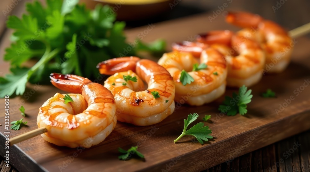 Grilled shrimp skewers garnished with fresh parsley on a wooden cutting board Grilled shrimp skewers garnished with fresh parsley on a wooden cutting board