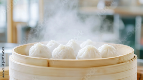 Steaming Delight: Freshly steamed bao buns, nestled in a traditional bamboo steamer, inviting viewers with their soft, fluffy texture, offering a taste of culinary artistry.