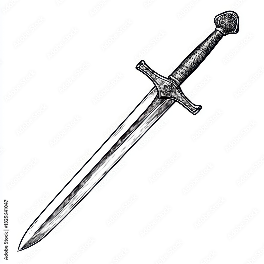 Line Drawing of a Medieval Sword on White Background Line Drawing of a Medieval Sword on White Background