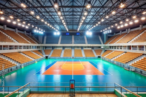 A large indoor sports arena with a blue and orange court photo