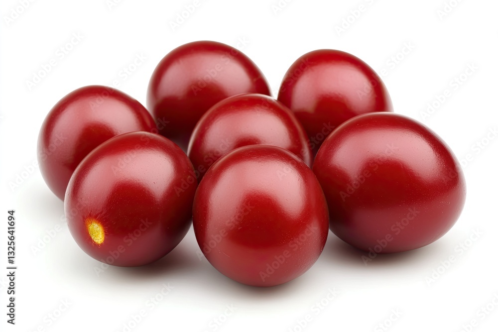 Cluster of deep red cherry tomatoes.  Close-up view of a group of plump, glossy, dark red cherry tomatoes, arranged in a slightly overlapping cluster against a plain white background.