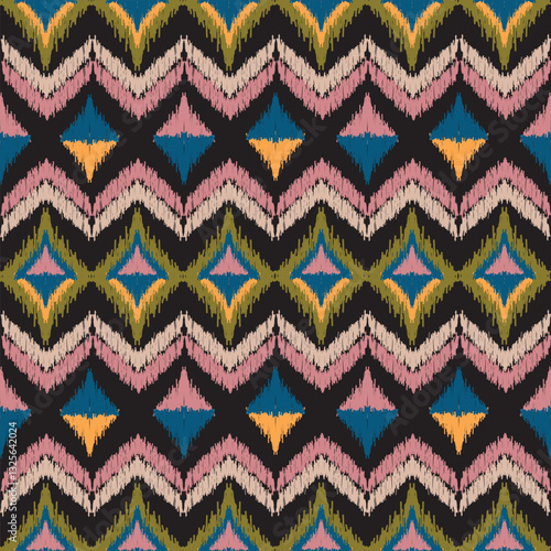 Tribal Ikat Seamless Pattern, Tribal Ikat Textile, Tribal Ikat Fabric, ikat Seamless pattern in tribal folk embroidery, Design for Capet, cover, wallpaper, wrapping, Fabric clothing